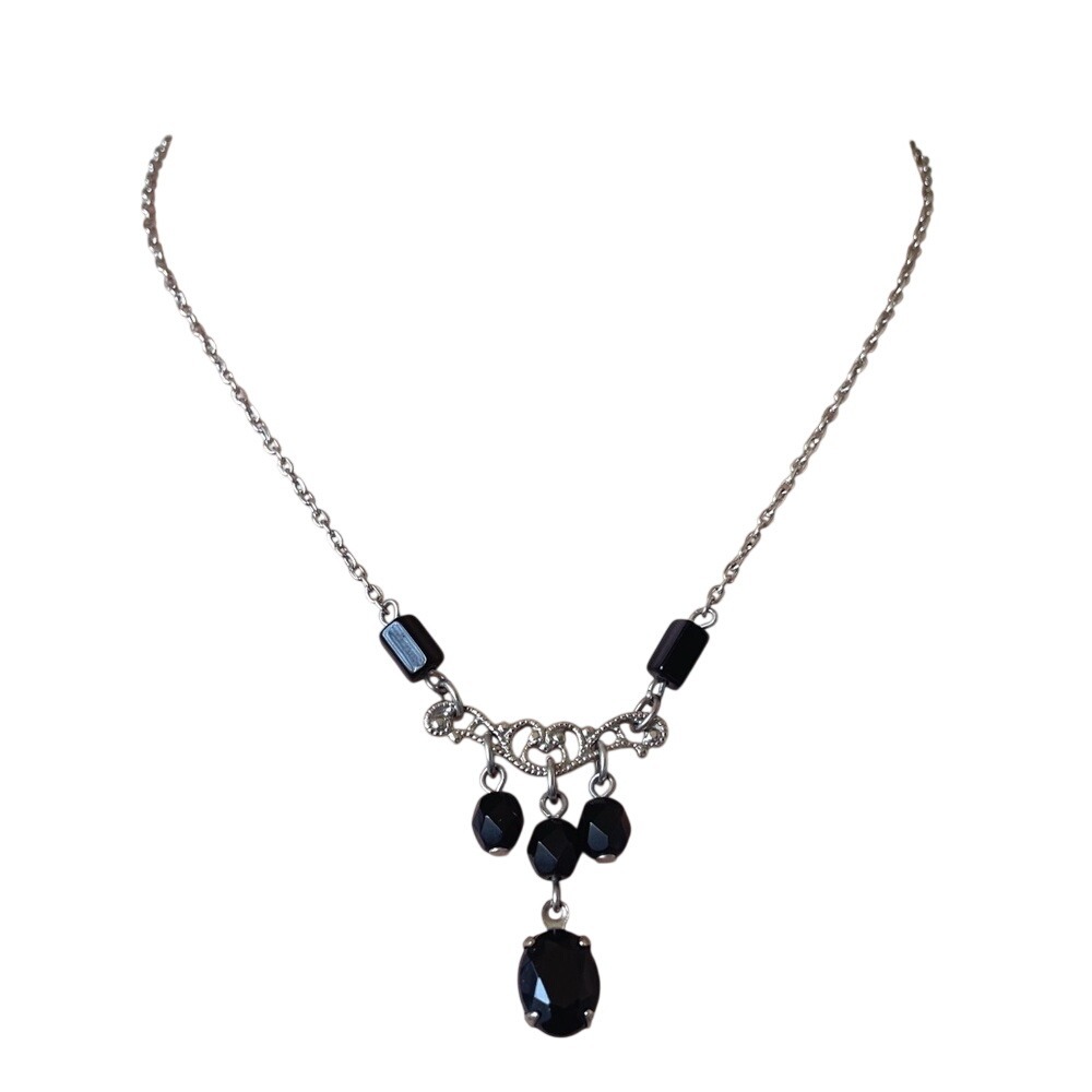 Vintage 90s Modern Victorian Whimsygoth Black Beaded Necklace & Earrings Set